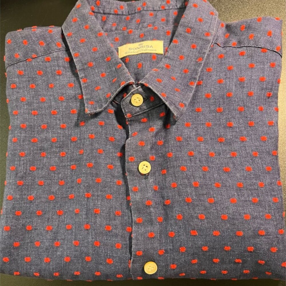 Sonrisa Italy Linen Cotton Fil Coupe Polka Dot Shirt Navy Red Tailored Luxury XL